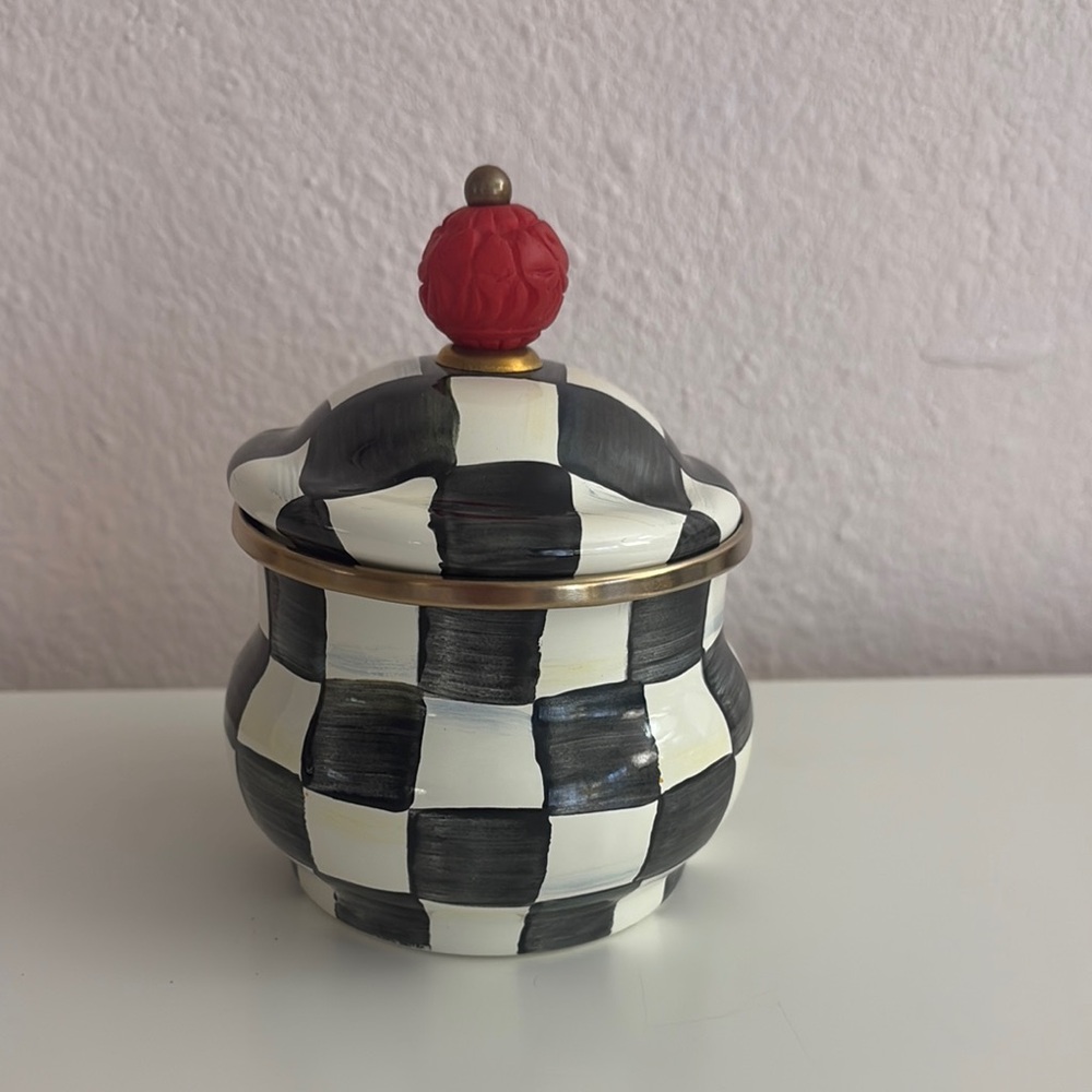 Mackenzie -Childs Black and White Check Ceramic Jar with Red Finial
